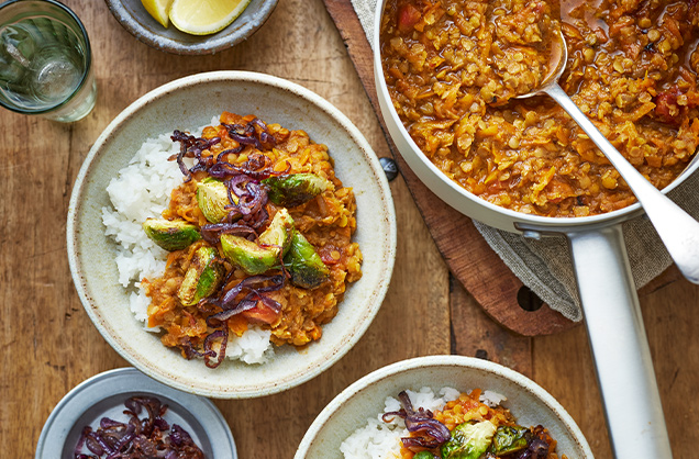 Thursday: Red lentil and carrot dhal with spiced sprouts