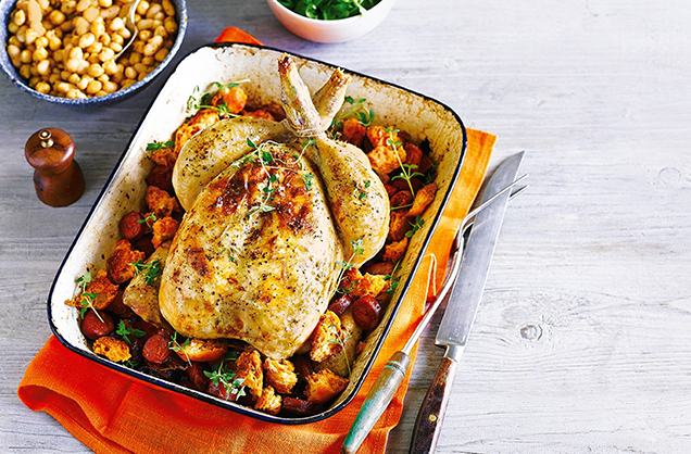 Lemon and thyme roast chicken with chorizo and ciabatta croutons recipe