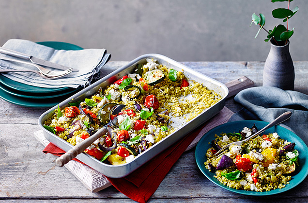 Tuesday: Roast vegetable and pesto bulgur wheat traybake