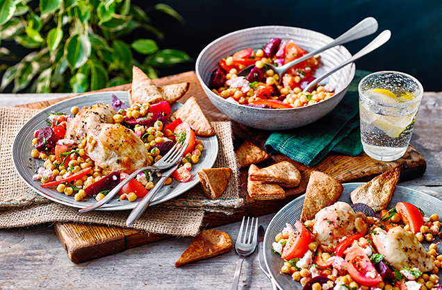 Wednesday: Crispy roast chicken thighs with beetroot and chickpea salad