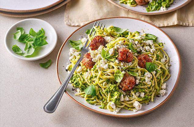 Friday: Sausage meatballs with pea pesto and spaghetti