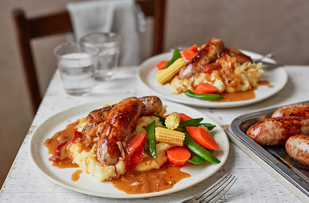 Wednesday: Sausage and cheesy mash with tomato gravy