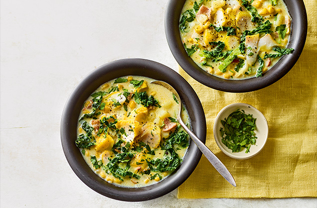 Tuesday: Speedy smoked basa and corn chowder
