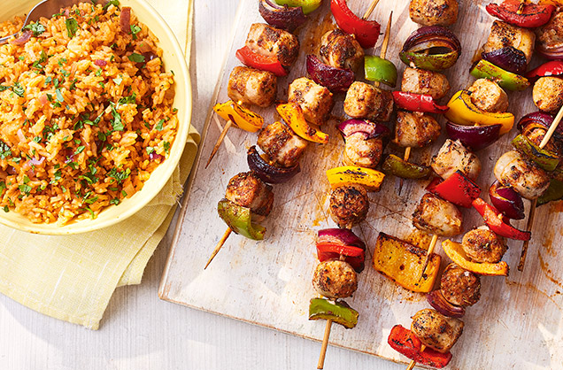 Tuesday: Smoky sausage skewers with tomato rice