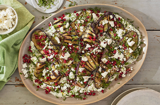 Baba ganoush aubergines with tahini yogurt and pomegranate