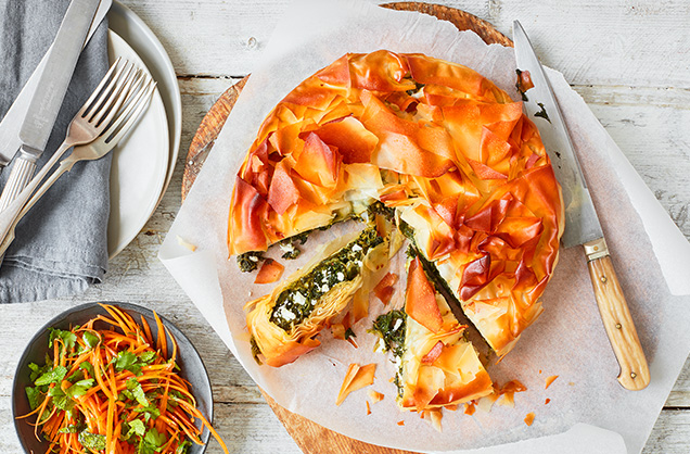 Wednesday: Spinach and feta filo pie with carrot salad
