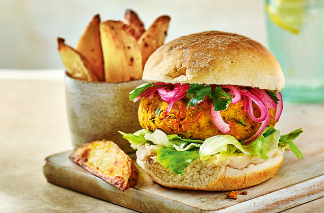 Friday: Spiced red lentil burgers with potato wedges