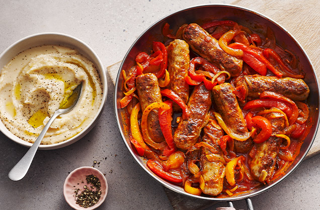 Spicy sausage one pot with butter bean mash