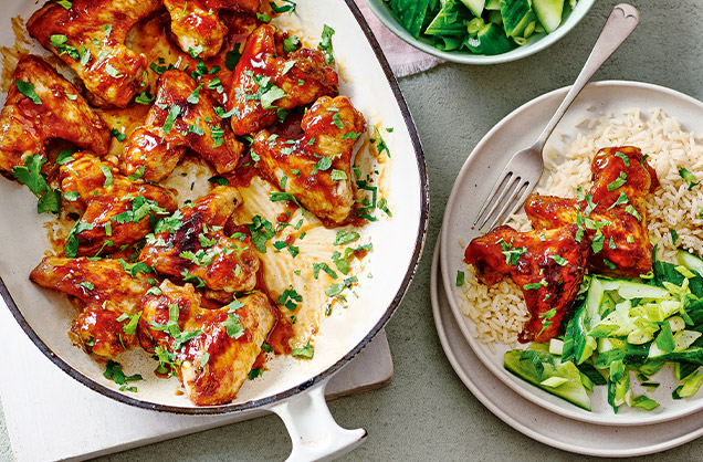 Sticky hoisin wings with bashed cucumber salad