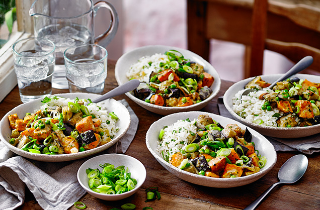 Monday: Tray-roasted sweet potato and aubergine curry 