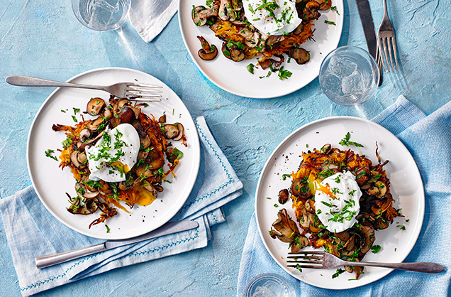 Sweet potato rosti with mushrooms and poached egg