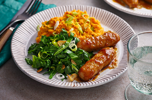 Wednesday: Teriyaki-glazed sausages with sweet potato mash and stir-fried greens