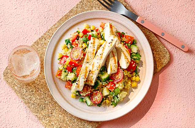 Rainbow veggie couscous salad with grilled chicken