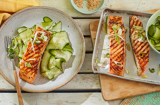 Wasabi and soy salmon with quick-pickled cucumber