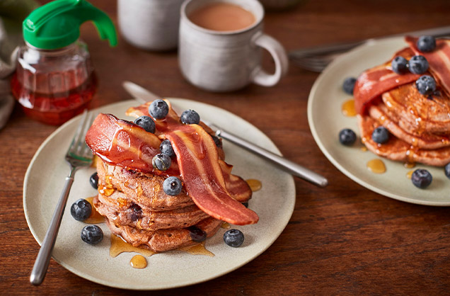 Vegan blueberry pancakes with crispy meat-free bacon