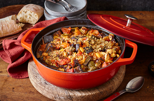 Aubergine and butter bean stew with walnut pangrattato