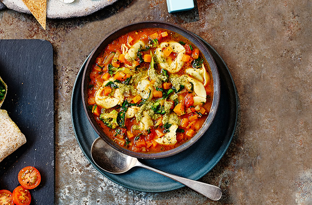 Veg-packed tortelloni soup 