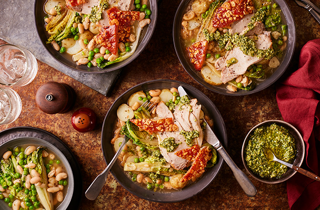 Roast pork with braised lettuce, cannellini beans and almond pesto