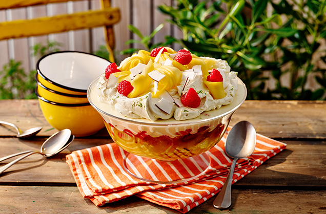 Coconut, mango and raspberry trifle