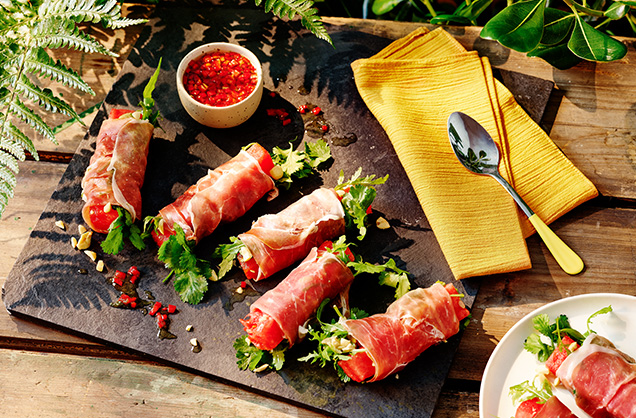 Parma ham, watermelon and peanut summer rolls
