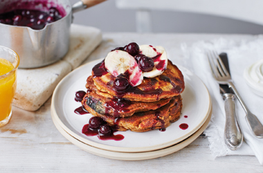 Banana, spelt and blueberry pancakes