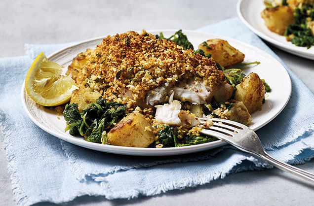 Coconut-crusted fish with saag aloo