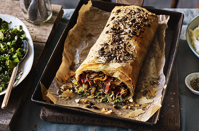 Mushroom, pepper and pesto strudel