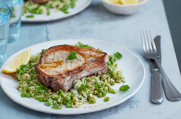Pork chops with bean and pea mash