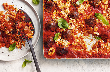 Cheesy meatball traybake