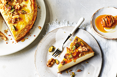 Baked fig, honey and walnut cheesecake