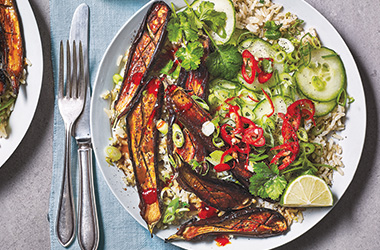 Miso aubergine and brown rice bowls