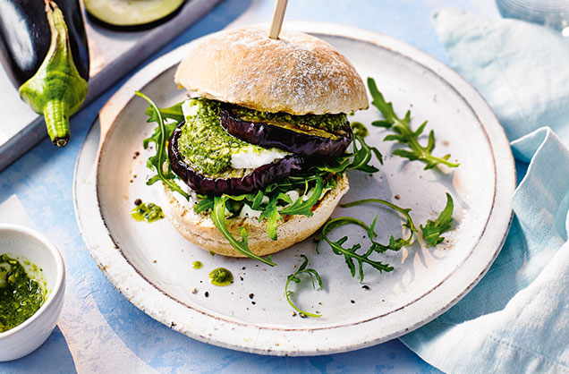 Aubergine, pesto and goat’s cheese burgers