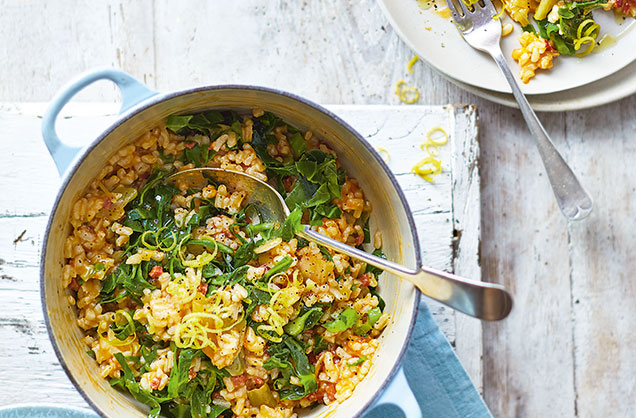 Tuesday: Baked chorizo and spring greens risotto