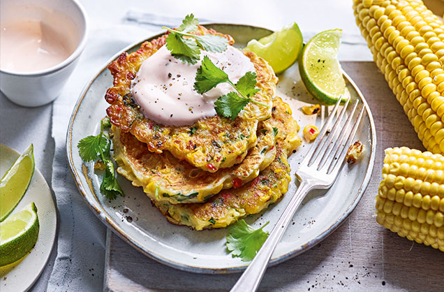 Charred corn and halloumi pancakes