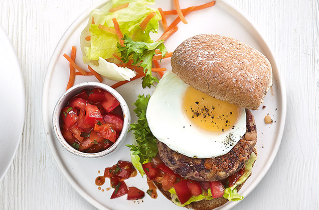 Egg-topped veggie bean burgers
