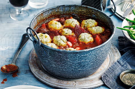 Beef, beetroot and butter bean stew with Stilton dumplings