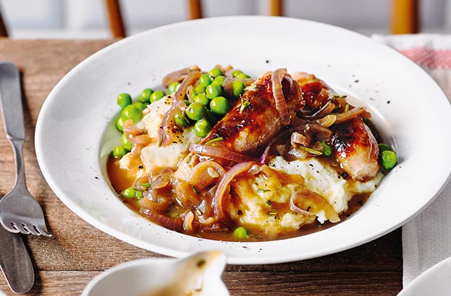 Sausages with mashed cauliflower and parsnip