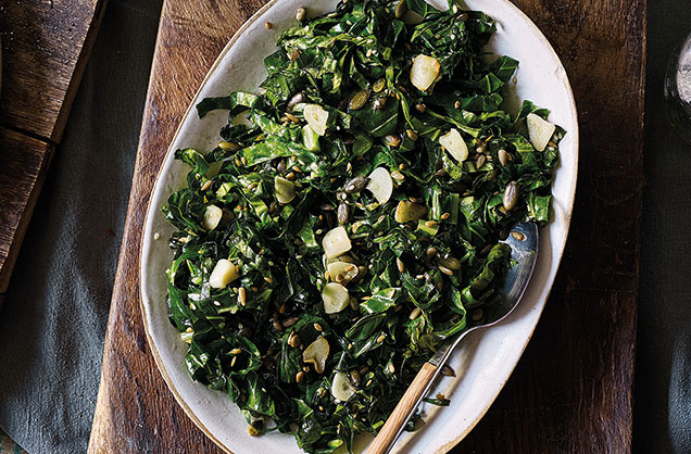 Stir-fried greens with toasted seeds