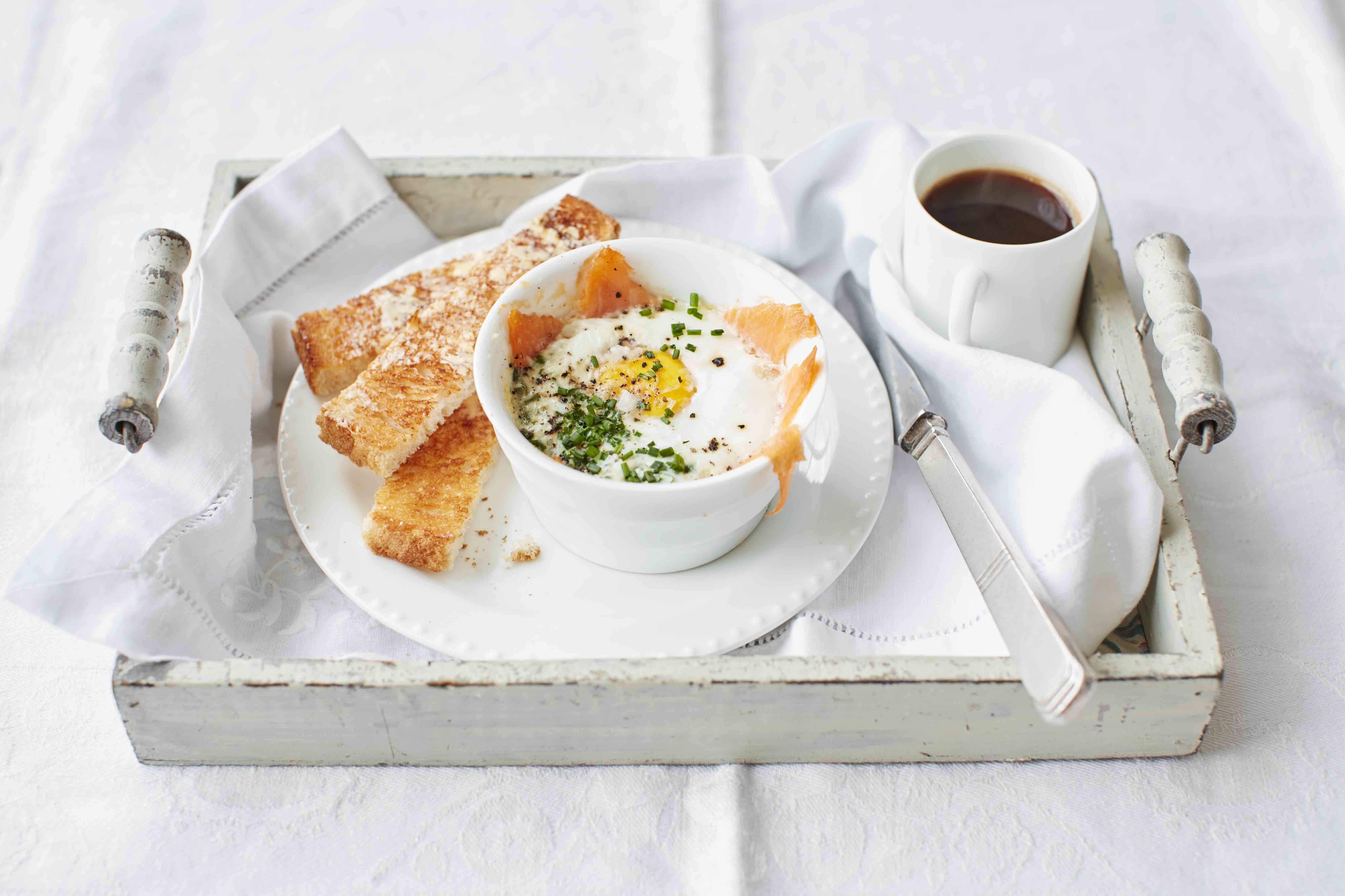 Creamy baked egg and smoked salmon pots