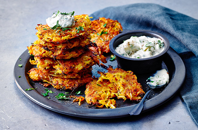 Carrot and parsnip fritters with garlic mayo